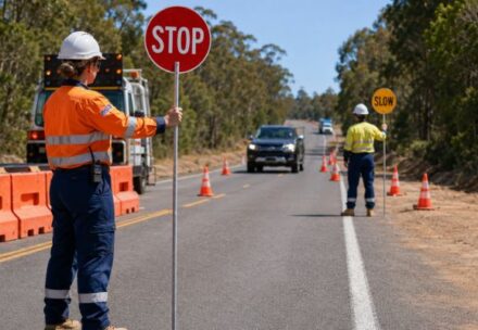 Traffic control training student using a stop-slow bat during RIIWHS205E Control Traffic with Stop-Slow Bat at NSTA Central Melbourne