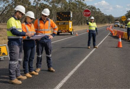 Traffic management training students learning stop-slow bat and traffic management plan procedures at NSTA Central Melbourne